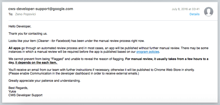 Google's first email response to Graffino's complaint.